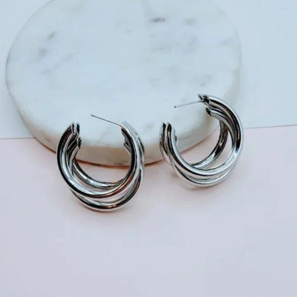 5/$25 Silver Color Triple Hoop Statement Earrings - Picture 5 of 8